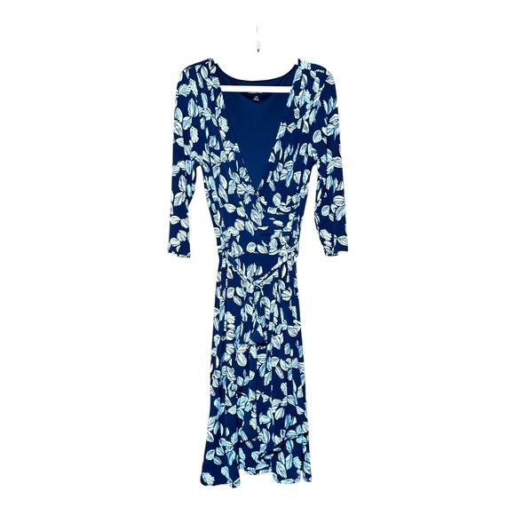 41 Hawthorn Navy and White Leaf Print Faux Wrap Dress w Belt Size XS Petite - Picture 1 of 9